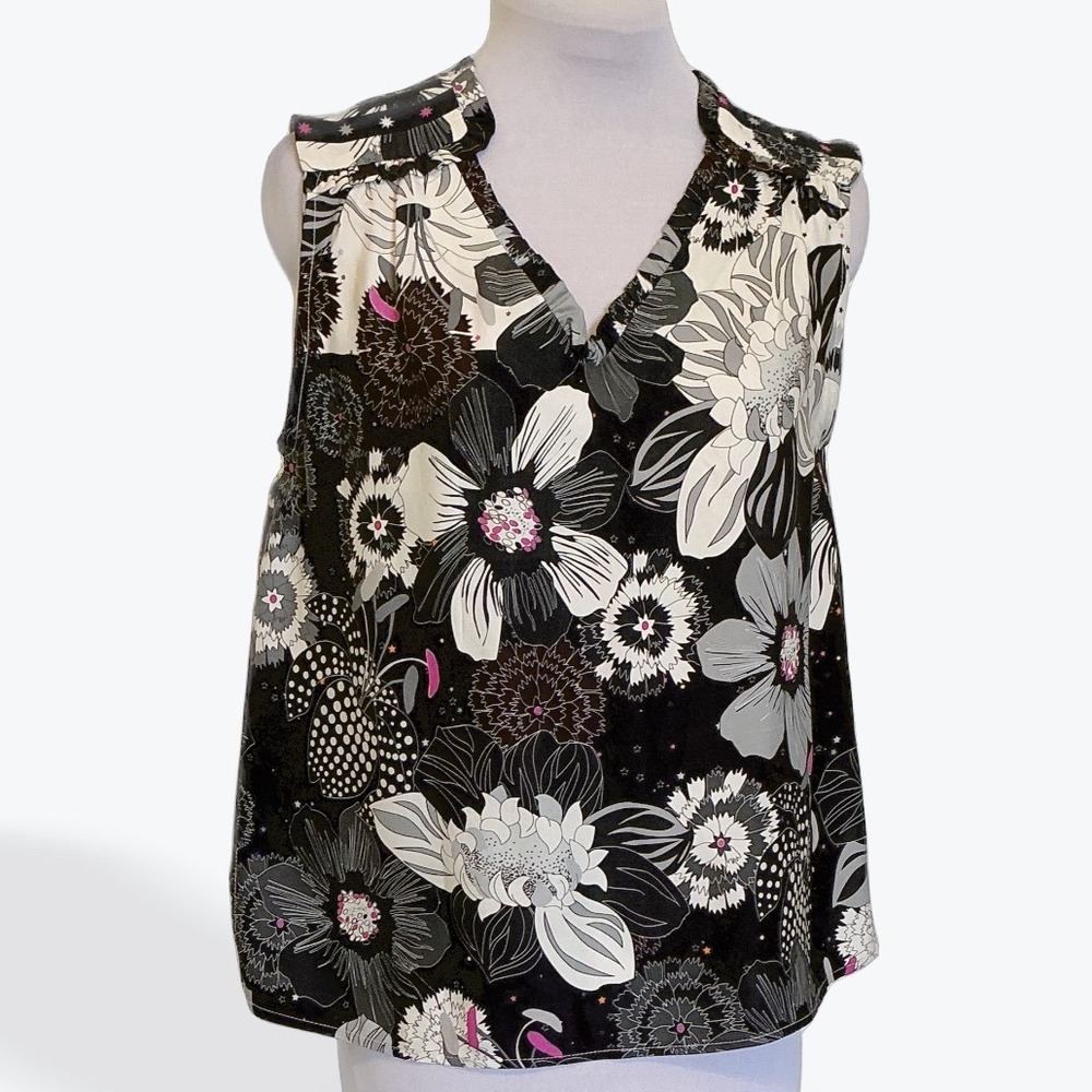Vilagallo Floral Sleeveless Blouse Black Pink Ruffle Neck High Low Top Size 38